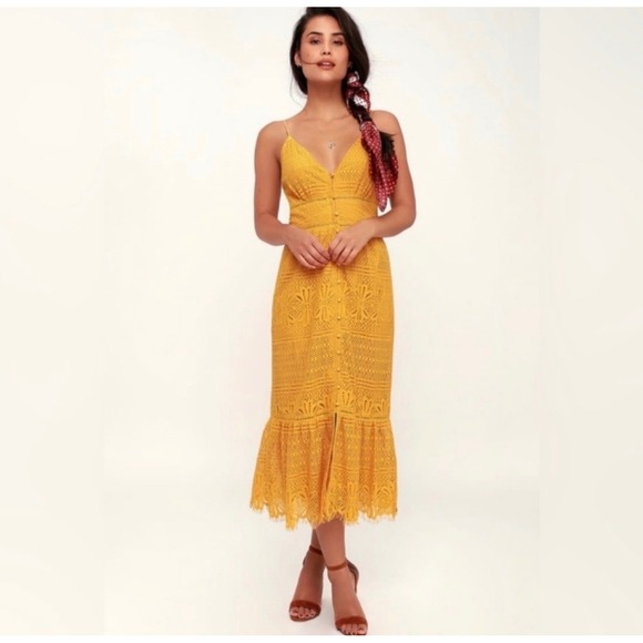 Lulus Dresses & Skirts - Lulus Mustard Yellow Lace Midi Dress Button Front Marigold Crochet Boho Size M